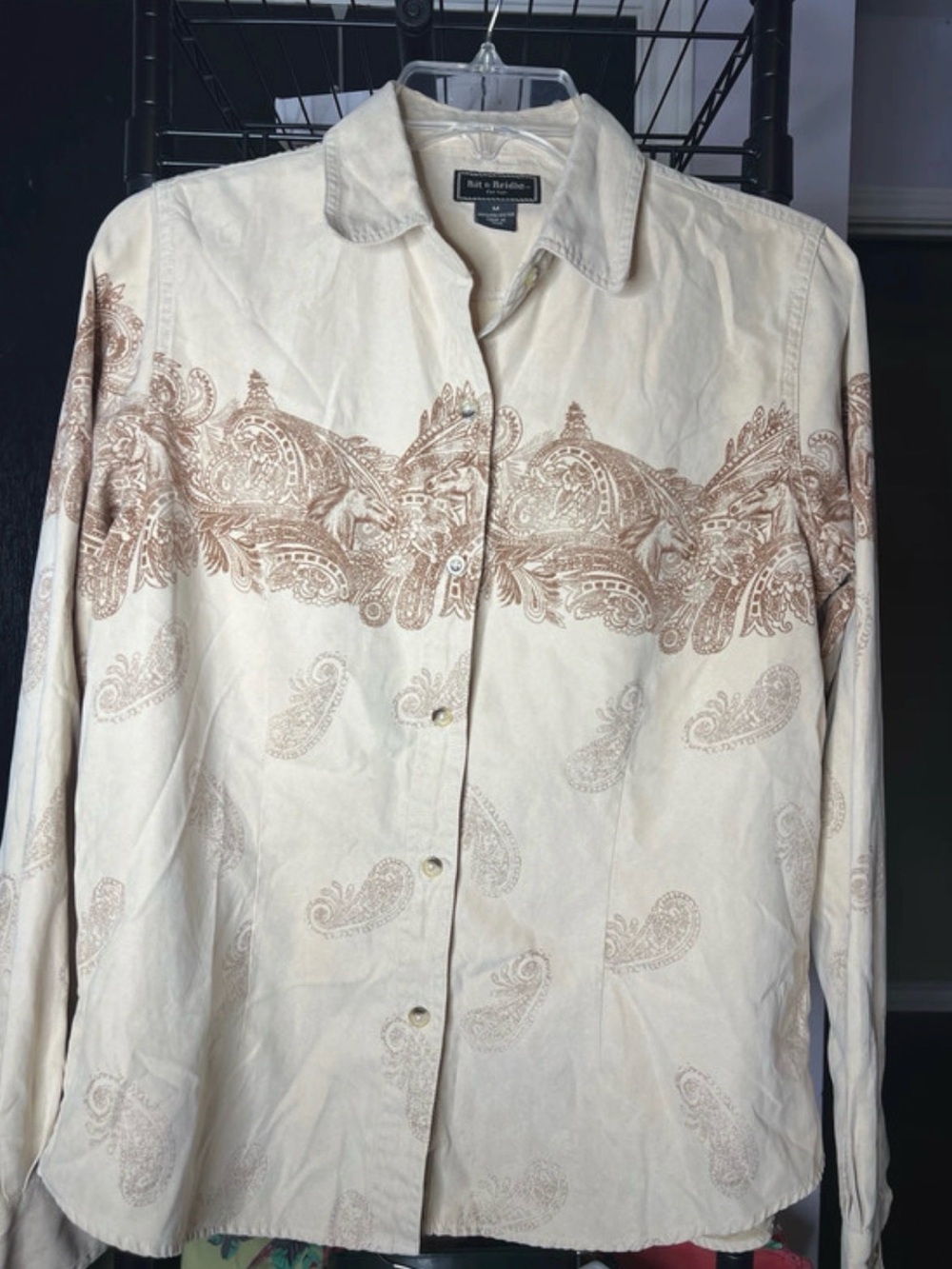 Bit & Bridle Cream Button-Front Blouse with Brown Paisley Border